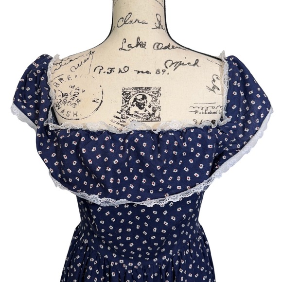 Vintage Berkertex Navy Floral Calico Print Cotton Prairie Lace Ruffle Dress 14 - Picture 3 of 12